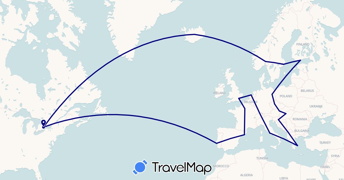 TravelMap itinerary: driving in Austria, Canada, Switzerland, Czech Republic, Germany, Spain, Finland, France, United Kingdom, Greece, Croatia, Hungary, Iceland, Italy, Netherlands, Norway, Portugal, Sweden (Europe, North America)